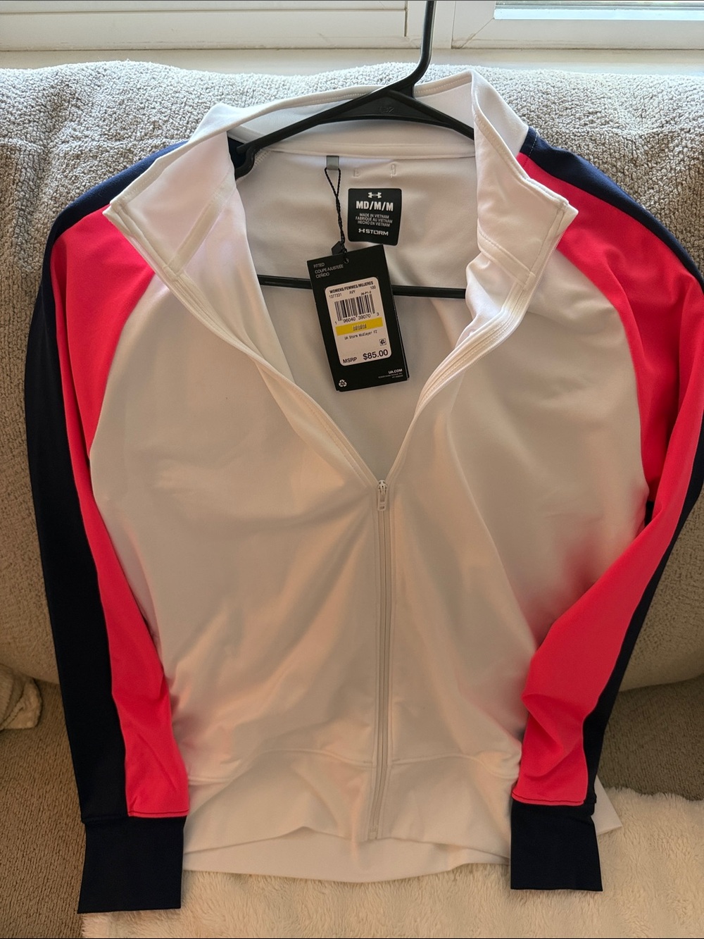 Under Armour Women's White Full-Zip Jacket with Pink & Navy Accents